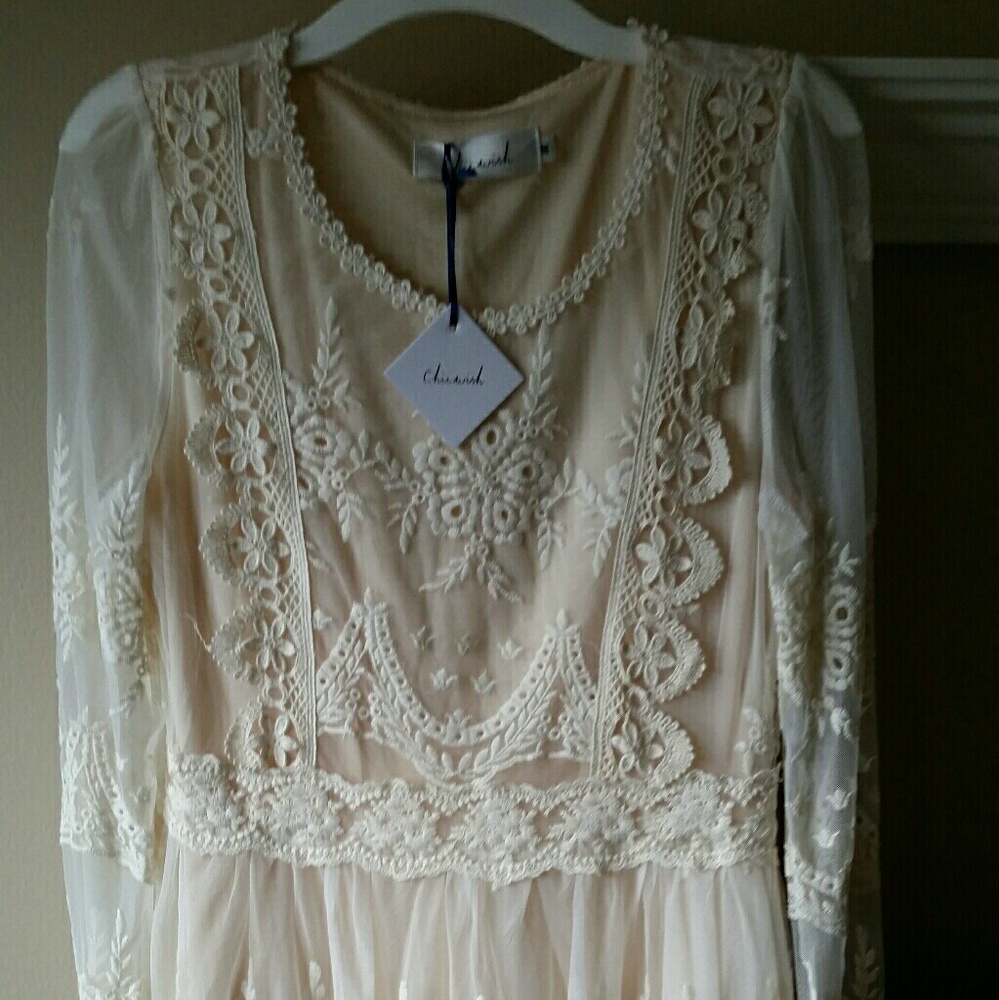 Cream, long sleeve, embroidered dress